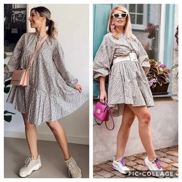 H&M A line cotton floral puff sleeve dress - Picture 2 of 12